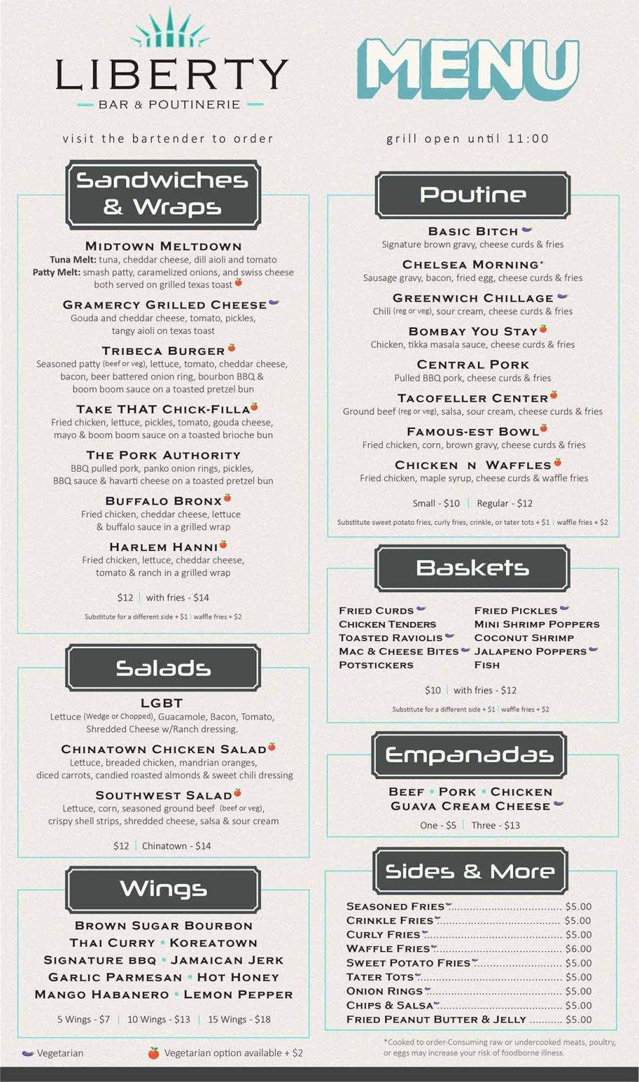 Menus Liberty Bar & Poutinerie